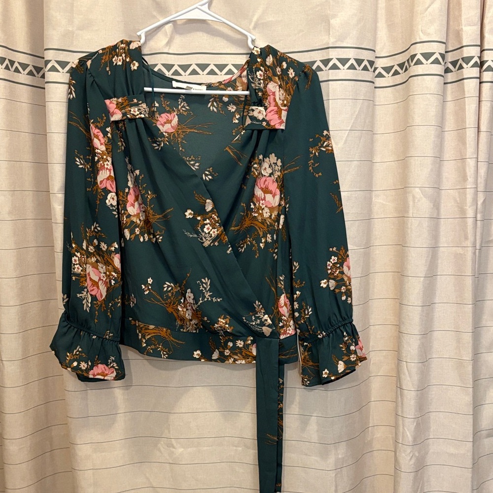 Zara Floral Wrap Blouse - Teal and Pink